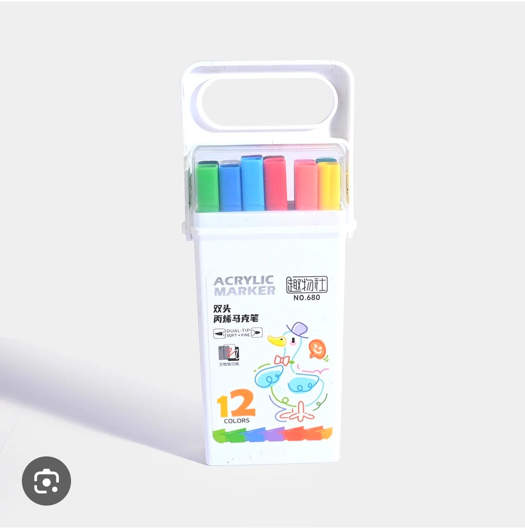 12 Colors Acrylic Marker Set for Kids – Dual Tip Paint Markers with Storage Case