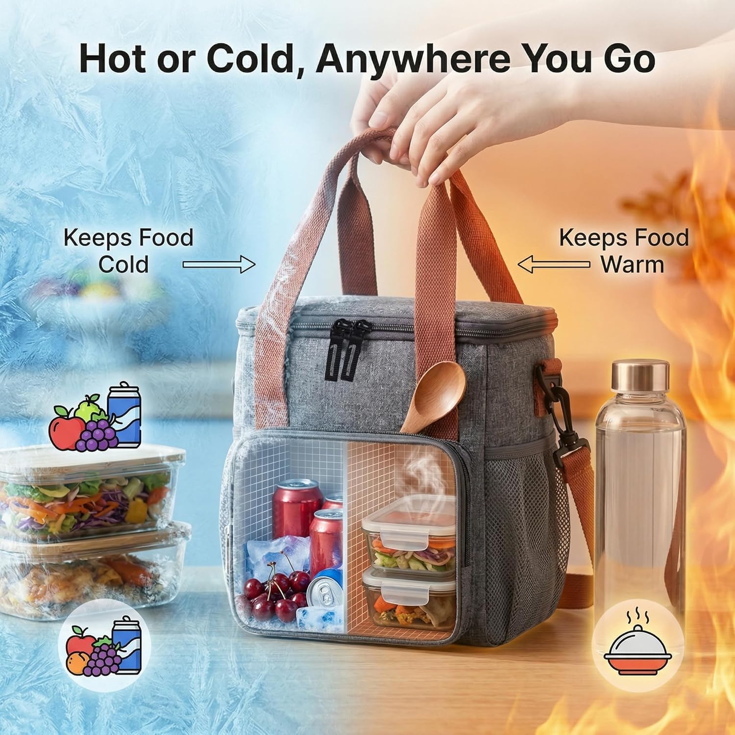 Insulated cooler lunch bag front view with zip pocket