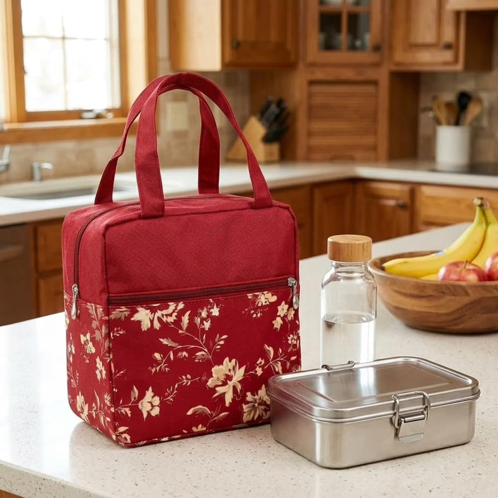Insulated Floral Lunch Bag for Kids & Women – Leakproof Thermal Tiffin Bag with Zip Pockets