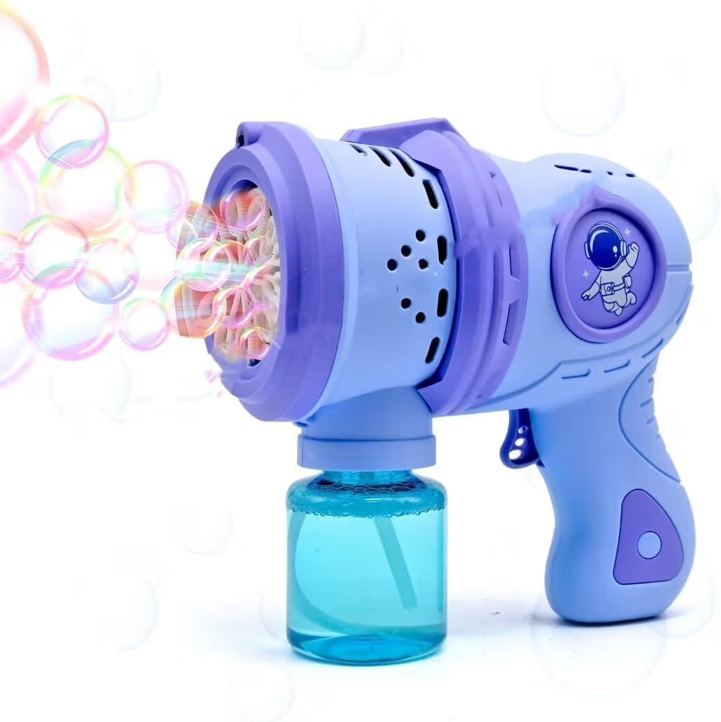 Kid playing with automatic astronaut bubble gun toy outdoors
