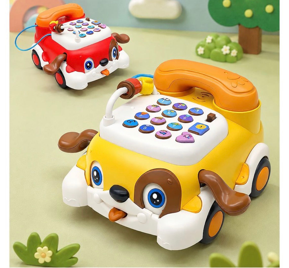 Puppy Dial Telephone Pull-Along Toy Car for Kids - Musical Dog Phone Toy with Rotating Wheels, Yellow and Red