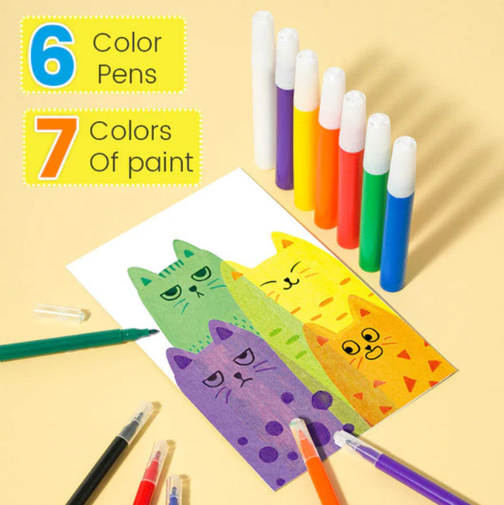 Magic Water Coloring Pen Art Set for Kids – Reusable Painting Cards (6 Pens, 7 Colors)