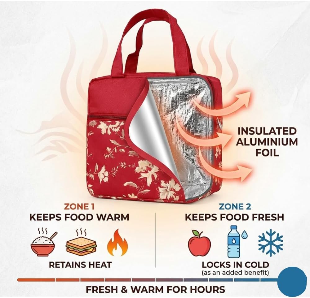 Insulated Floral Lunch Bag for Kids & Women – Leakproof Thermal Tiffin Bag with Zip Pockets