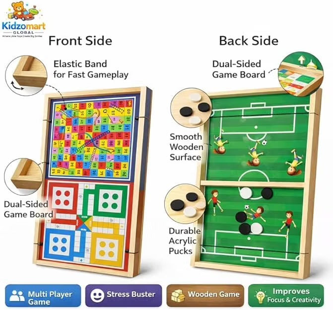 Dual-sided wooden board game with soccer sling puck, snakes & ladders and ludo – KidsPitara