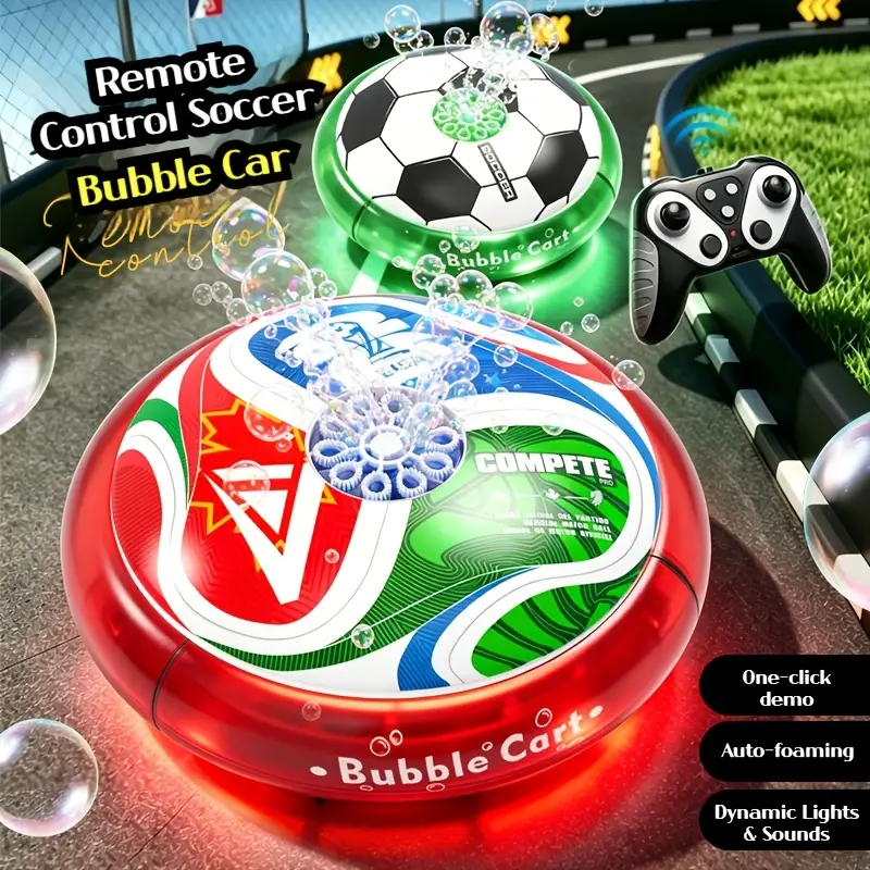 Kid playing with RC hover football bubble car - 360 rotation with auto bubble demo