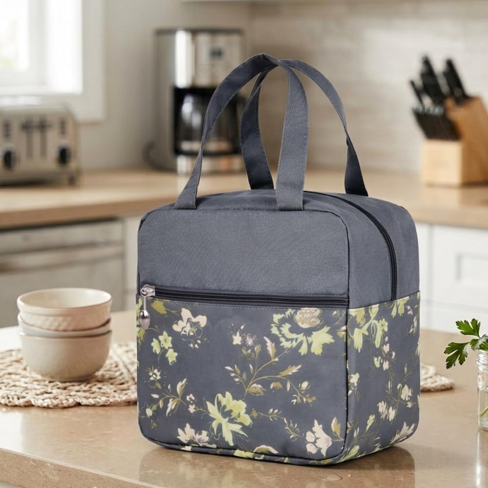 Insulated Floral Lunch Bag for Kids & Women – Leakproof Thermal Tiffin Bag with Zip Pockets