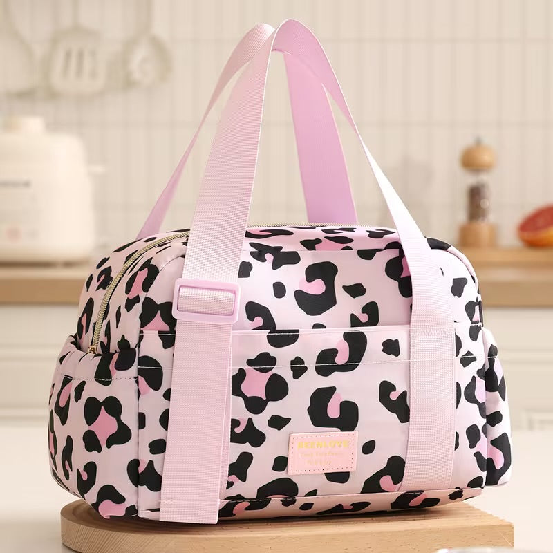 Leopard print pink insulated lunch bag, leakproof cooler tote