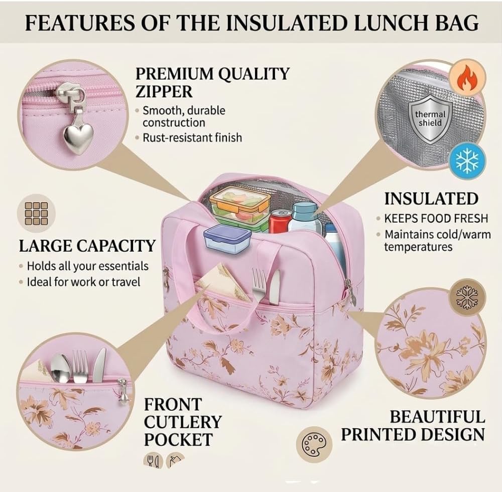 Insulated Floral Lunch Bag for Kids & Women – Leakproof Thermal Tiffin Bag with Zip Pockets