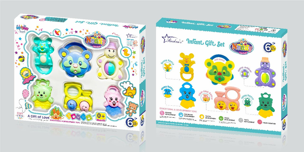 Rachna's Infant Gift Set – 6 Pcs Baby Rattle & Teether Set | Nonny Series Educational Toys for Newborns (0+ Months)