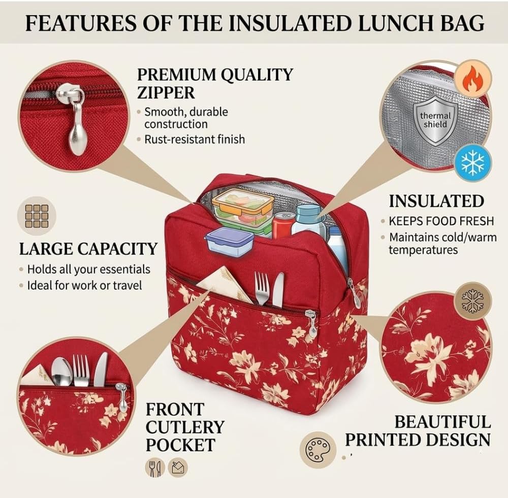 Insulated Floral Lunch Bag for Kids & Women – Leakproof Thermal Tiffin Bag with Zip Pockets