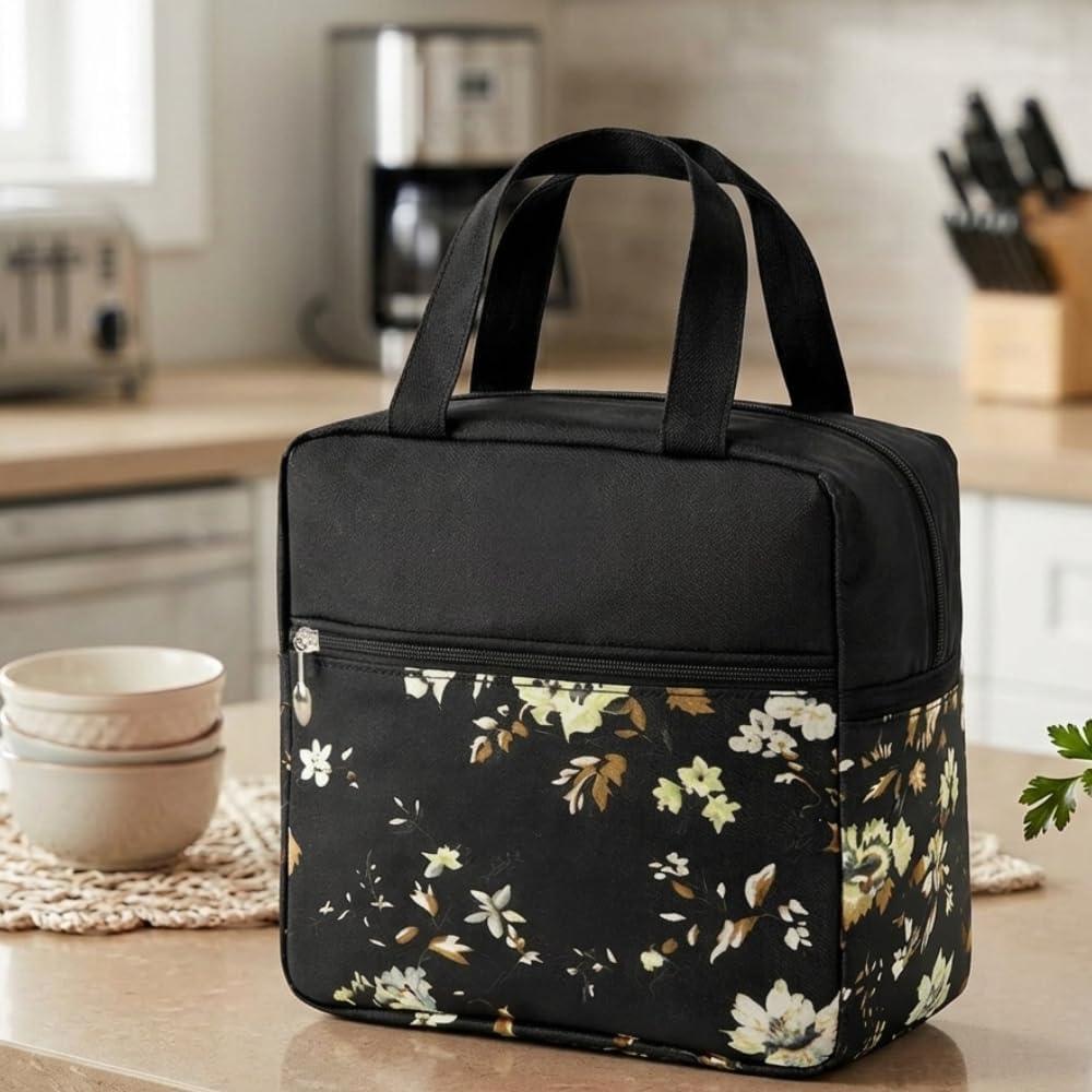 Insulated Floral Lunch Bag for Kids & Women – Leakproof Thermal Tiffin Bag with Zip Pockets