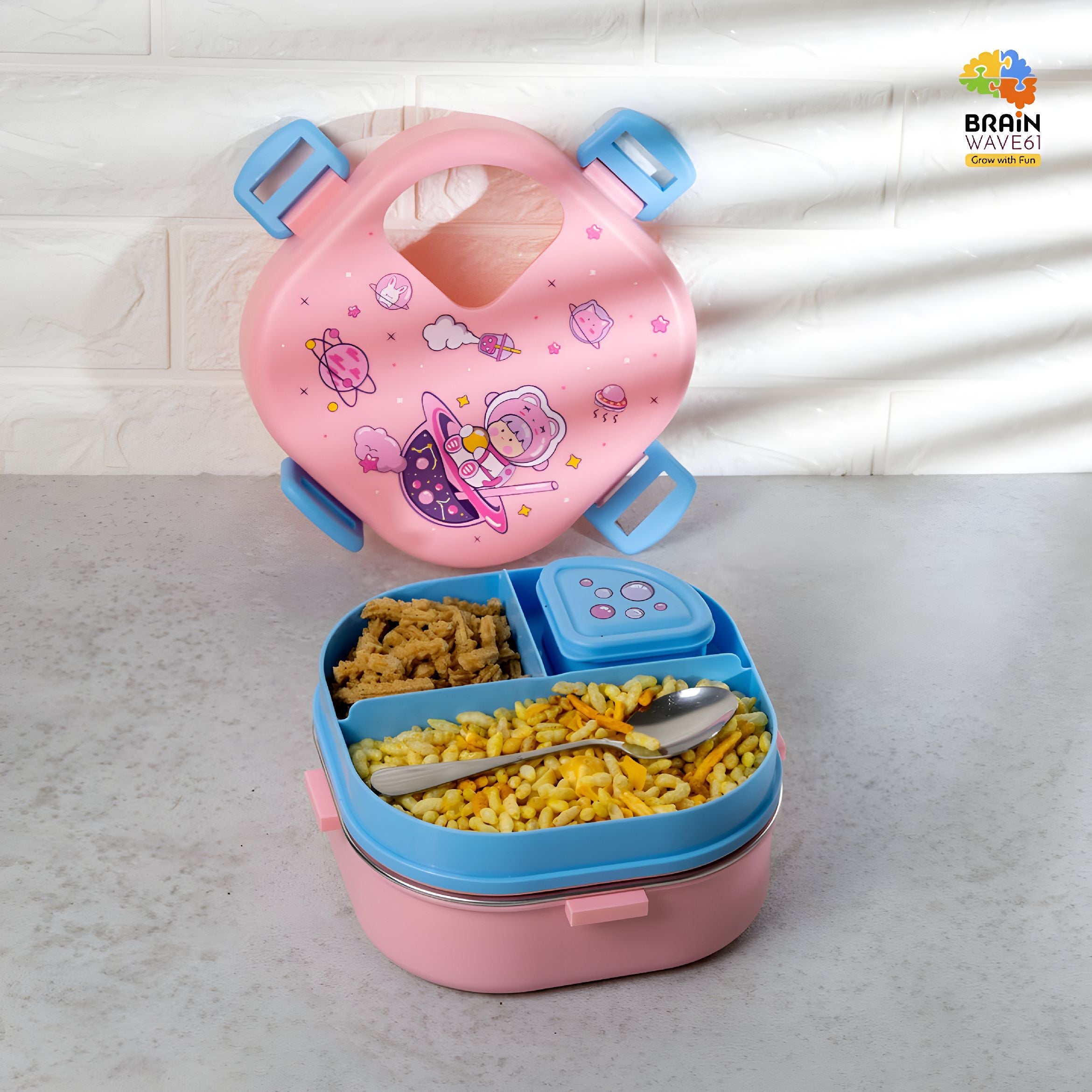 Kids Stainless Steel Lunch Box with Snack Box – Cute Pink School Tiffin Box (3 Compartments)