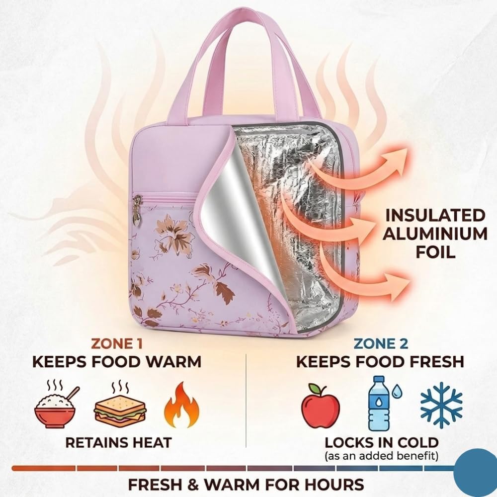 Insulated Floral Lunch Bag for Kids & Women – Leakproof Thermal Tiffin Bag with Zip Pockets