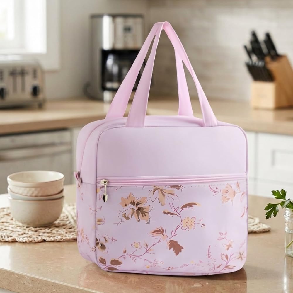 Insulated Floral Lunch Bag for Kids & Women – Leakproof Thermal Tiffin Bag with Zip Pockets