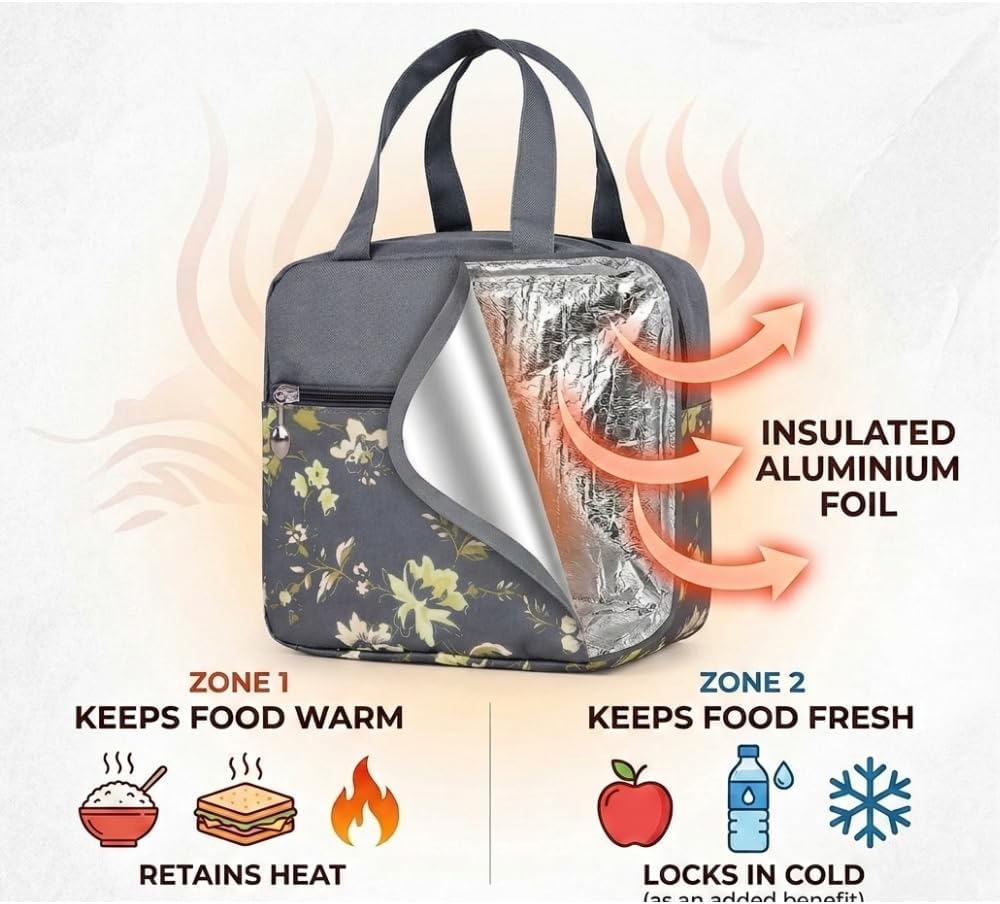 Insulated Floral Lunch Bag for Kids & Women – Leakproof Thermal Tiffin Bag with Zip Pockets