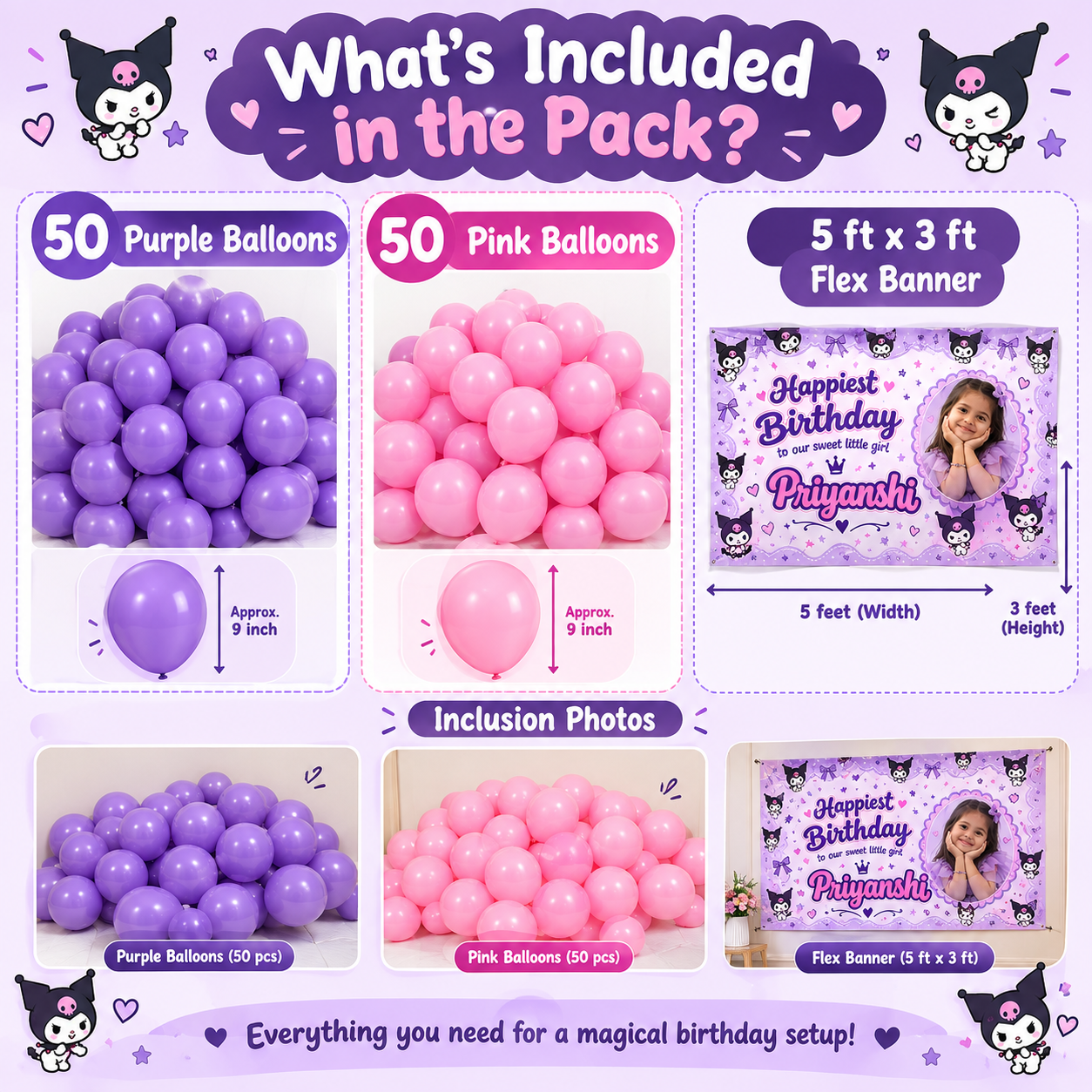 Kuromi Theme Personalized Happy Birthday Flex Banner with Balloons Combo
