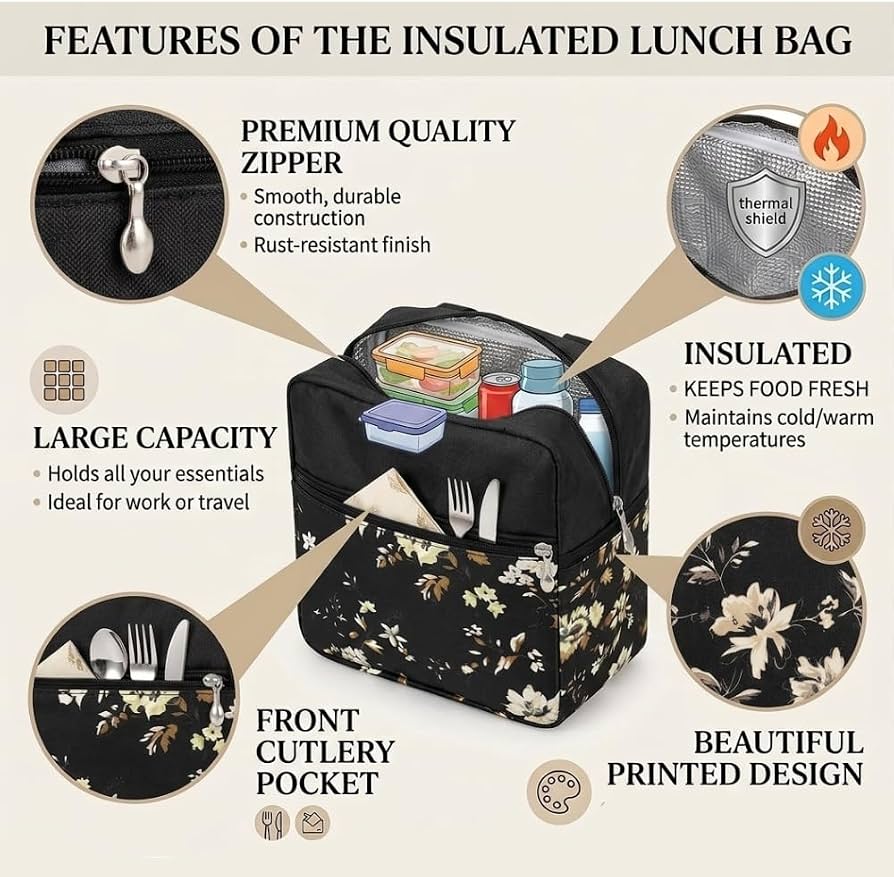 Insulated Floral Lunch Bag for Kids & Women – Leakproof Thermal Tiffin Bag with Zip Pockets