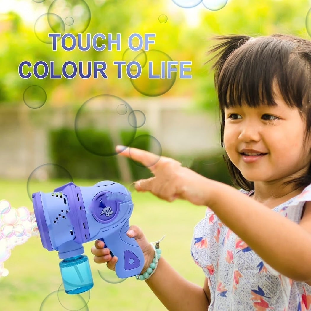 Astronaut bubble gun spraying colorful bubbles - automatic bubble blaster