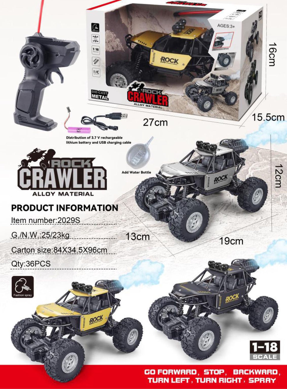 Rock Crawler RC car with remote, rechargeable battery and USB cable – spray function off-road toy