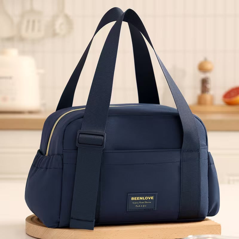 Navy Blue insulated lunch bag with adjustable strap for kids and adults