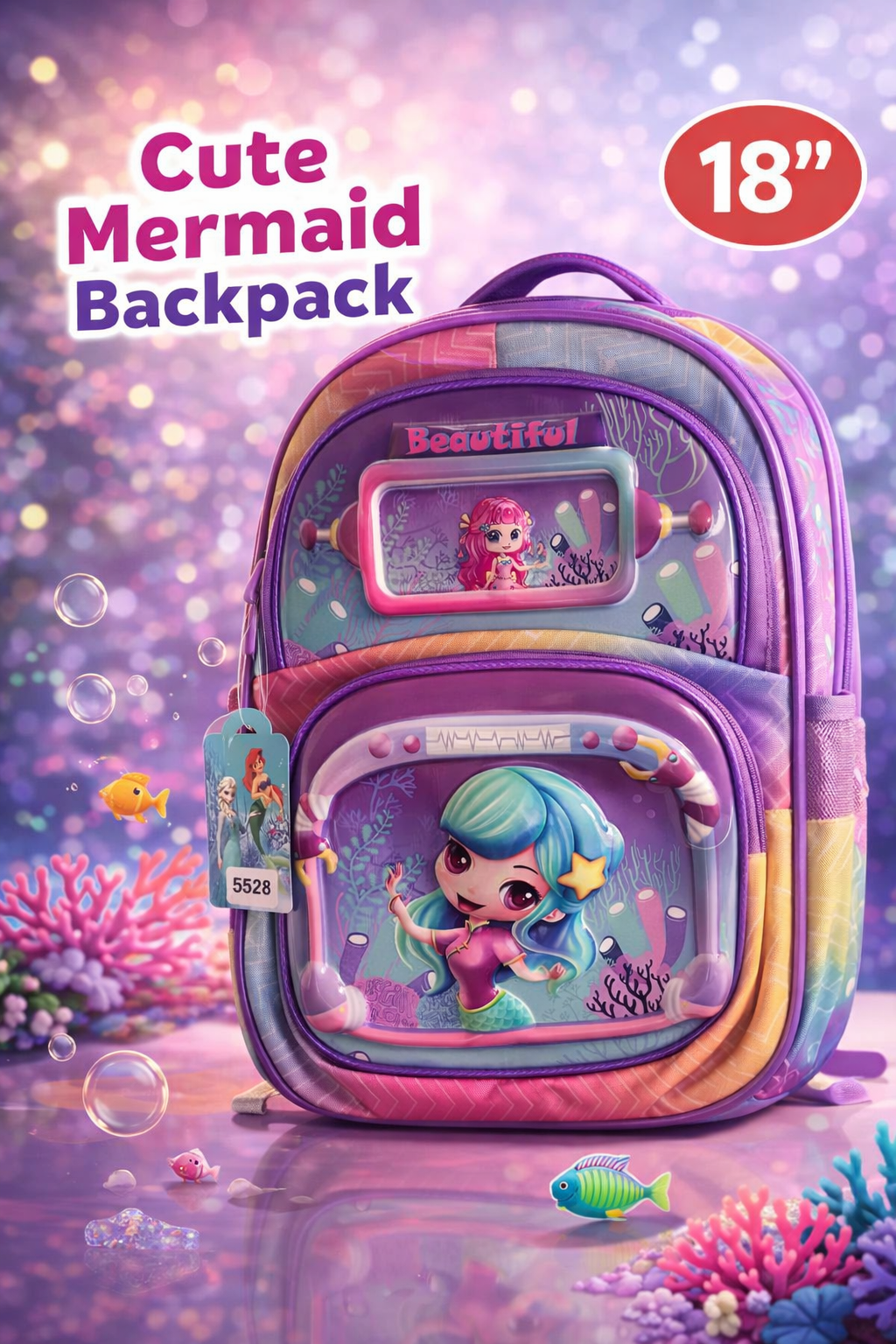 Cute Mermaid 18" School Backpack for Girls – Premium Kids Bag