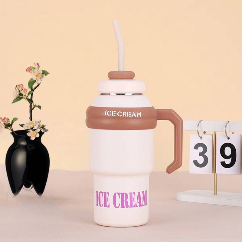 Ivory & brown Ice Cream tumbler with straw and handle — insulated stainless steel kids sipper bottle