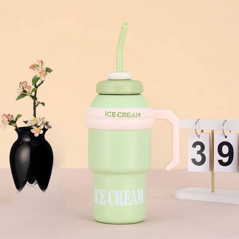 Green & white Ice Cream tumbler with straw and handle — insulated stainless steel kids sipper bottle