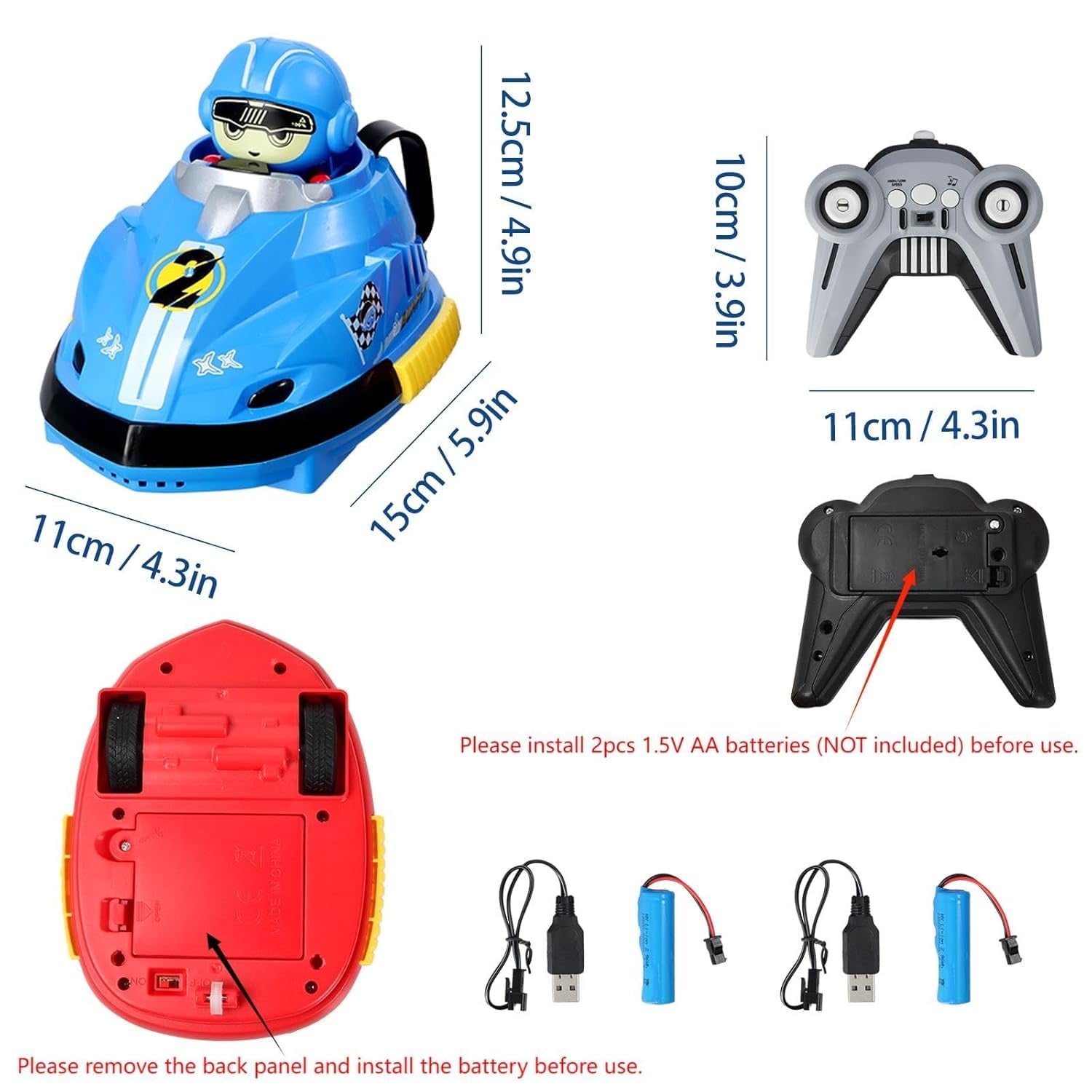 Kids RC bumper car with rechargeable battery and USB charger