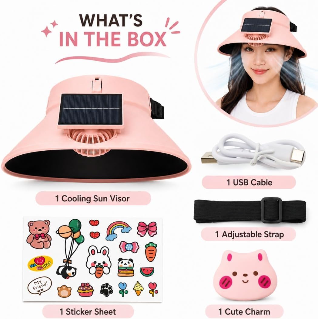Solar cooling visor hat box contents - USB cable, adjustable strap, sticker sheet and cute charm