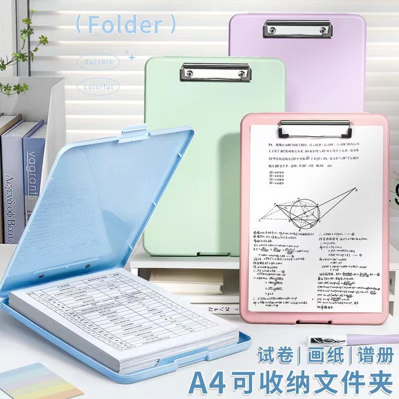 Set of colorful storage clipboards in pink, green, purple, and other vibrant colors with internal document organizers
