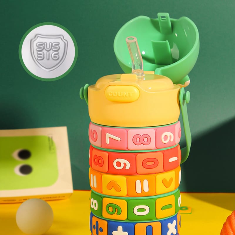 Kids learning water bottle with counting numbers and math symbols