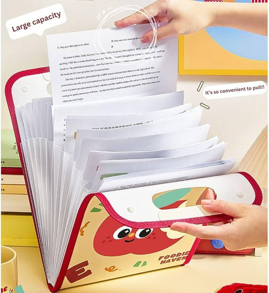 Multicolored organizer with cartoon design on a wooden surface