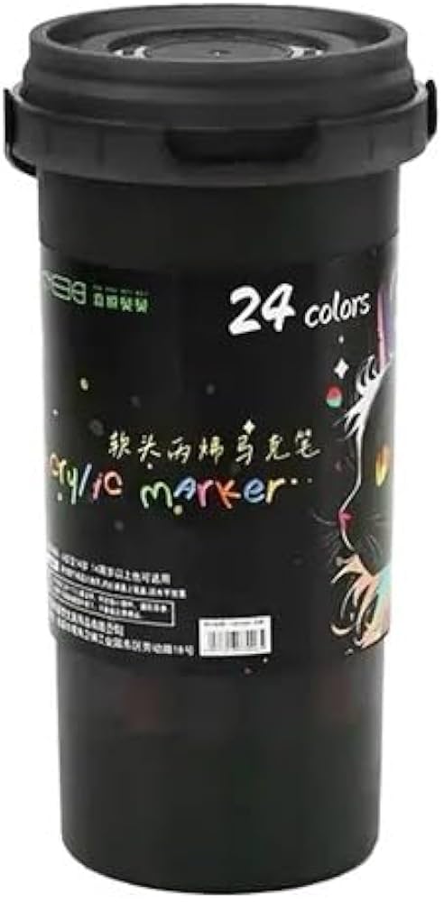 Side view of 24 color acrylic marker bucket with unicorn design label showing product details