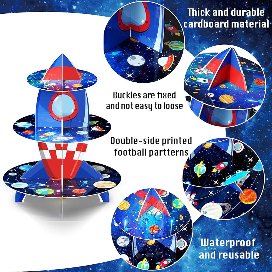 Astronaut Space Theme 3 Tier Cupcake Stand for Birthday Party Decoration with Rocket Design, Galaxy Planets and Outer Space Dessert Table Centerpiece for Kids