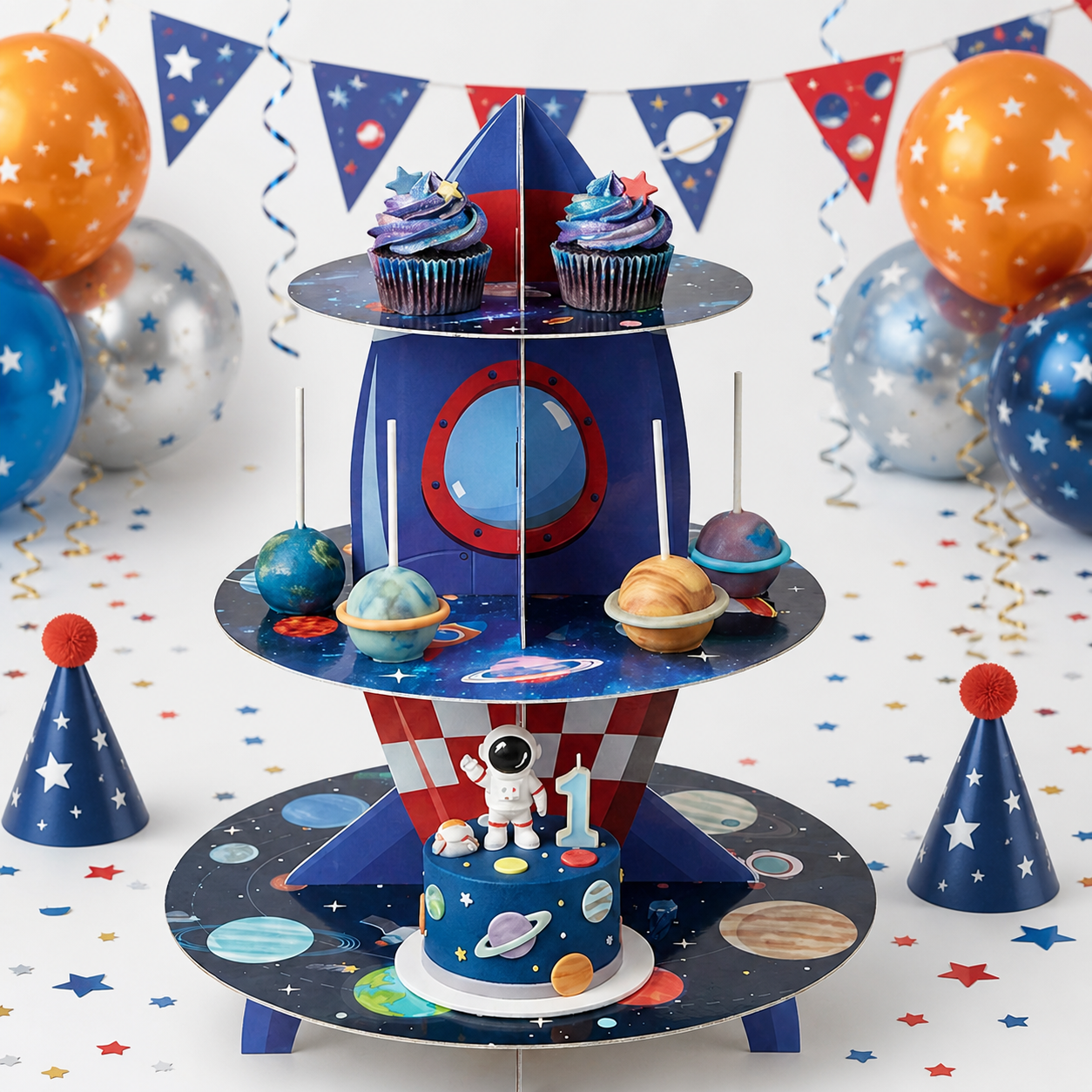 Astronaut Space Theme 3 Tier Cupcake Stand Rocket Birthday Party Decoration Galaxy Dessert Table Centerpiece for Kids Boys and Girls
