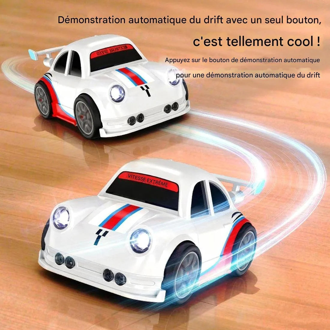Automatic drift RC car performing stunt racing with LED lights and high speed motion