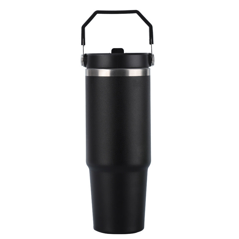 900ml Black Vacuum Insulated Water Bottle – Stainless Steel Hot & Cold Flask with Handle and Leakproof Lid