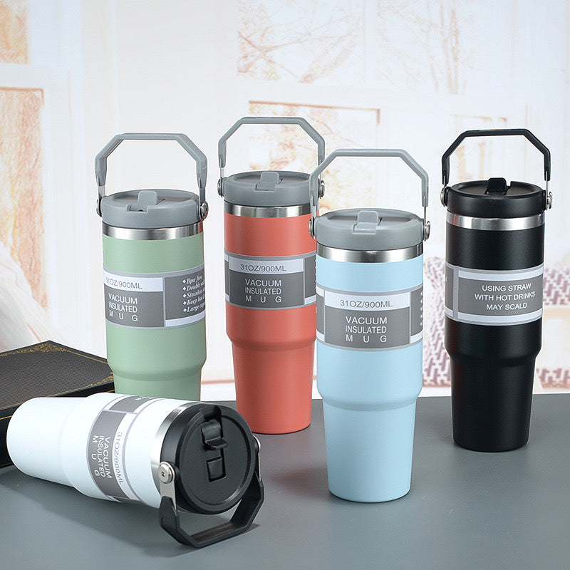 900ml Black Vacuum Insulated Water Bottle – Stainless Steel Hot & Cold Flask with Handle and Leakproof Lid