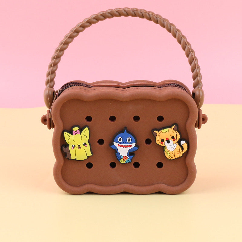 Brown Silicone Kids Bag with Cute Stickers and Sling Strap