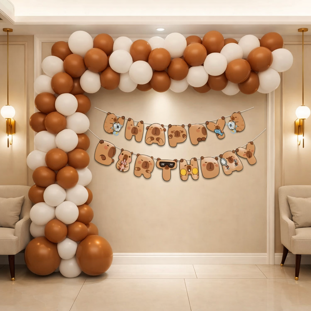 Capybara Happy Birthday Banner with Brown & White Balloons | Cute Kids Birthday Decoration Set (100 Balloons)