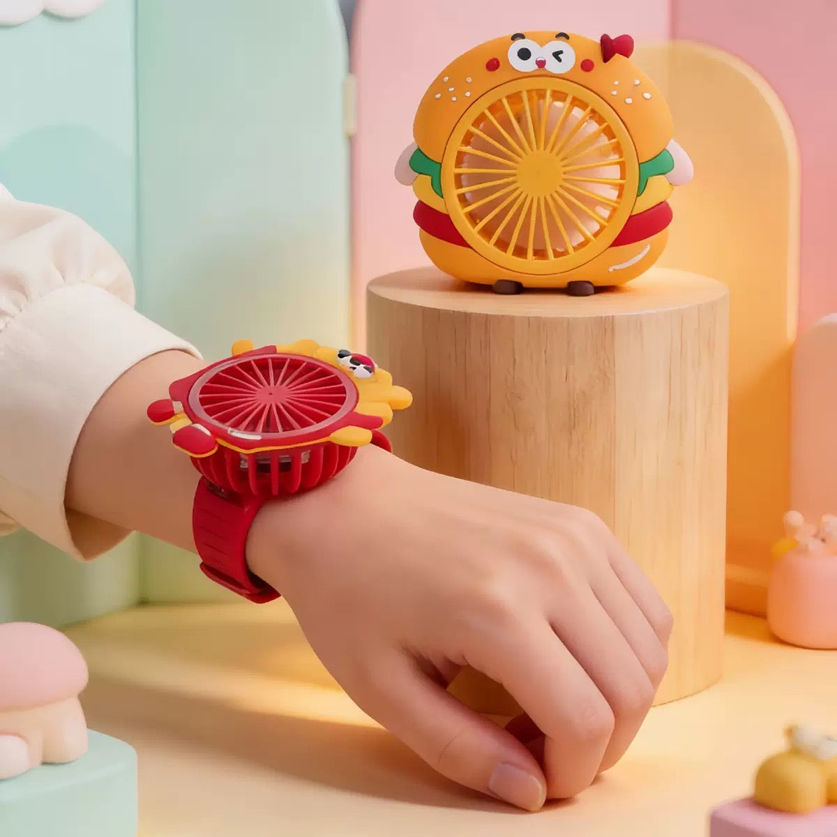 Cute Burger Style Mini Watch Fan for Kids | Portable Rechargeable Wrist Fan Toy | Summer Cooling Fan for Boys & Girls