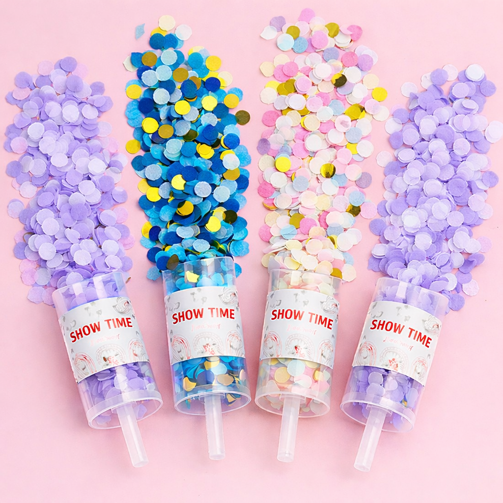 Show Time Confetti Popper Set of 4 – Colorful paper confetti poppers in purple, blue gold, pastel rainbow and lavender, safe for kids, easy to use, no harmful objects