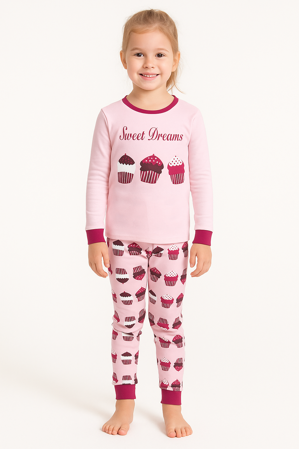 Pink cotton pajama set for toddlers with cupcake design