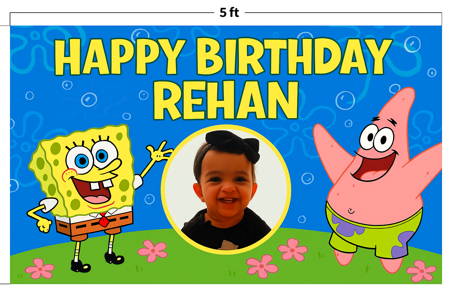 SpongeBob Theme Custom Birthday Banner – 5ft x 3ft Flex with Toddler Photo & Name