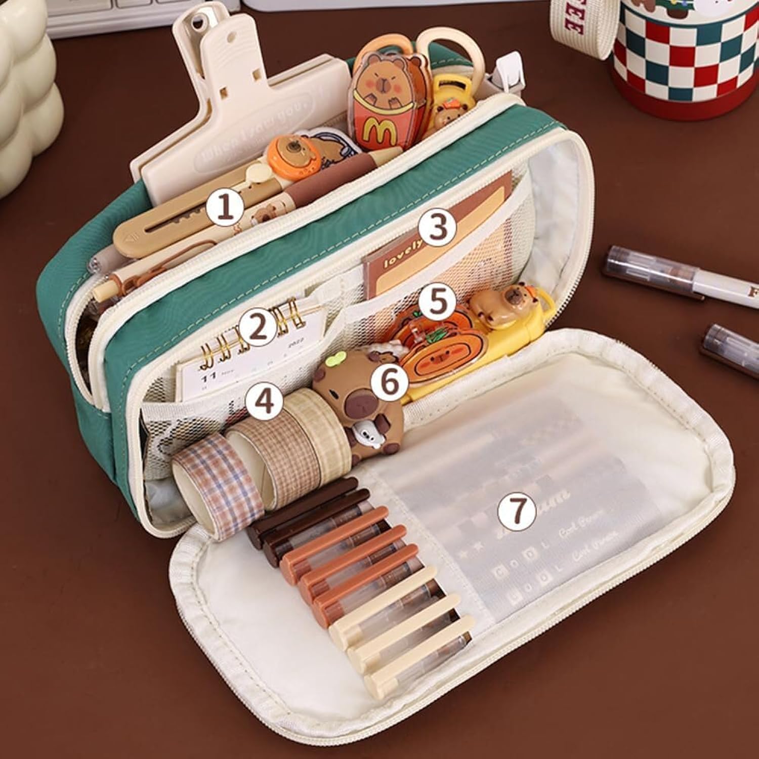 Cute apple design pencil case for kids with elastic pen loops and dual zipper front view