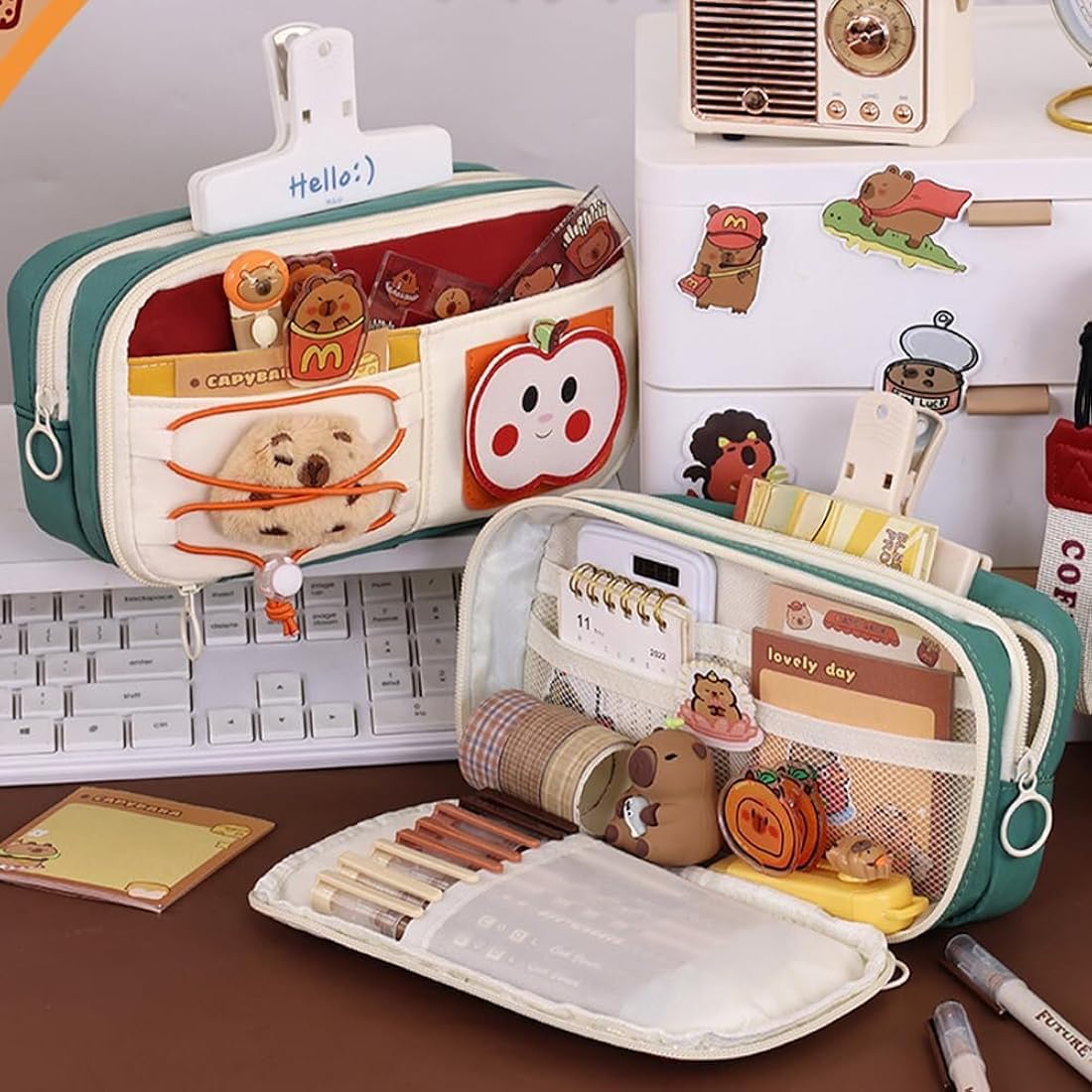 Cute apple pencil pouch for kids open view showing all 7 compartments with pens and stationery