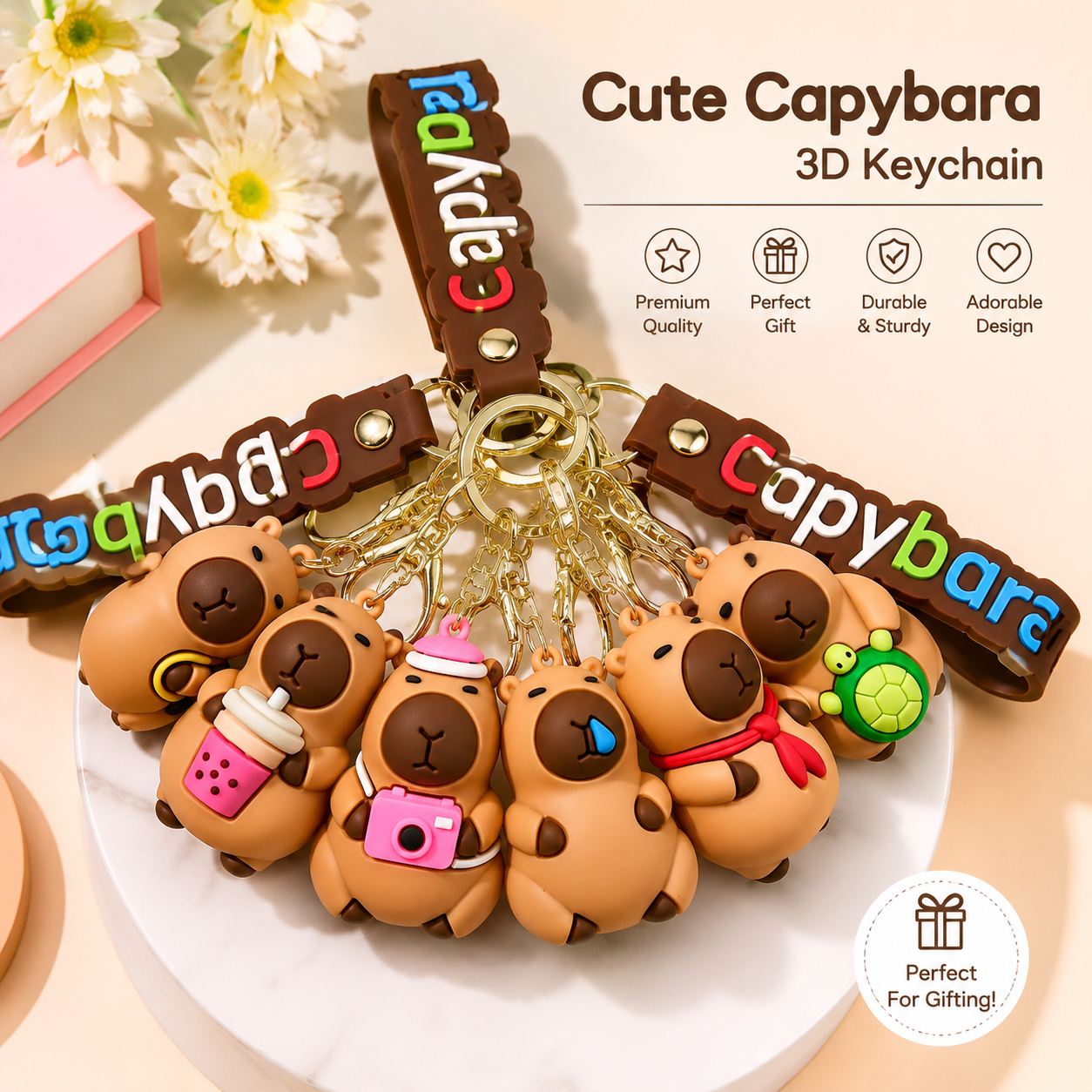 Cute capybara 3D keychain for kids with cartoon bag charm design