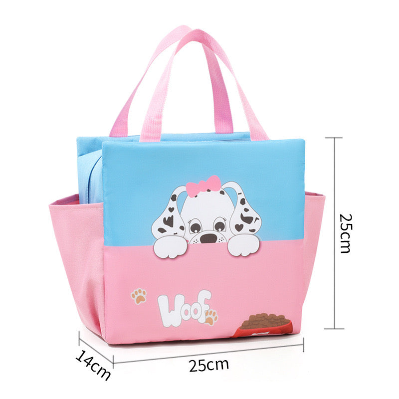 Puppy print insulated lunch bag for kids in pink and blue with Woof design