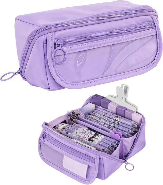 Purple pencil case with compartments on a white background