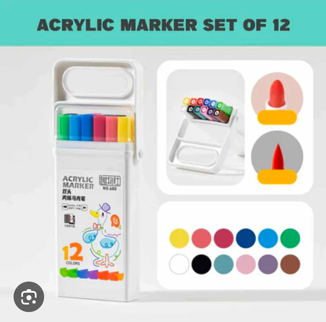 12 Colors Acrylic Marker Set for Kids – Dual Tip Paint Markers with Storage Case